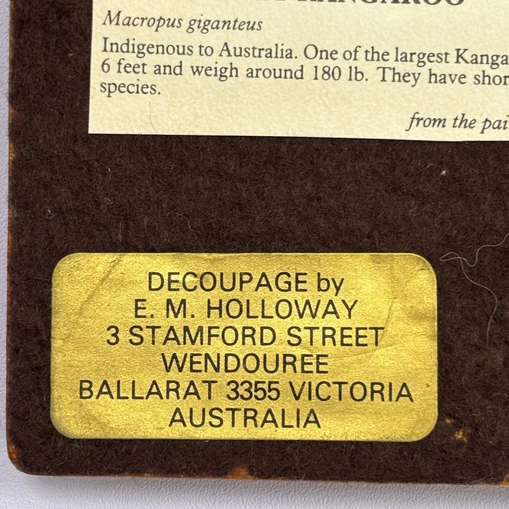 Vintage E.M. Holloway Great Grey Kangaroo Decoupage Plaque Wendy Bastock Art 4x5